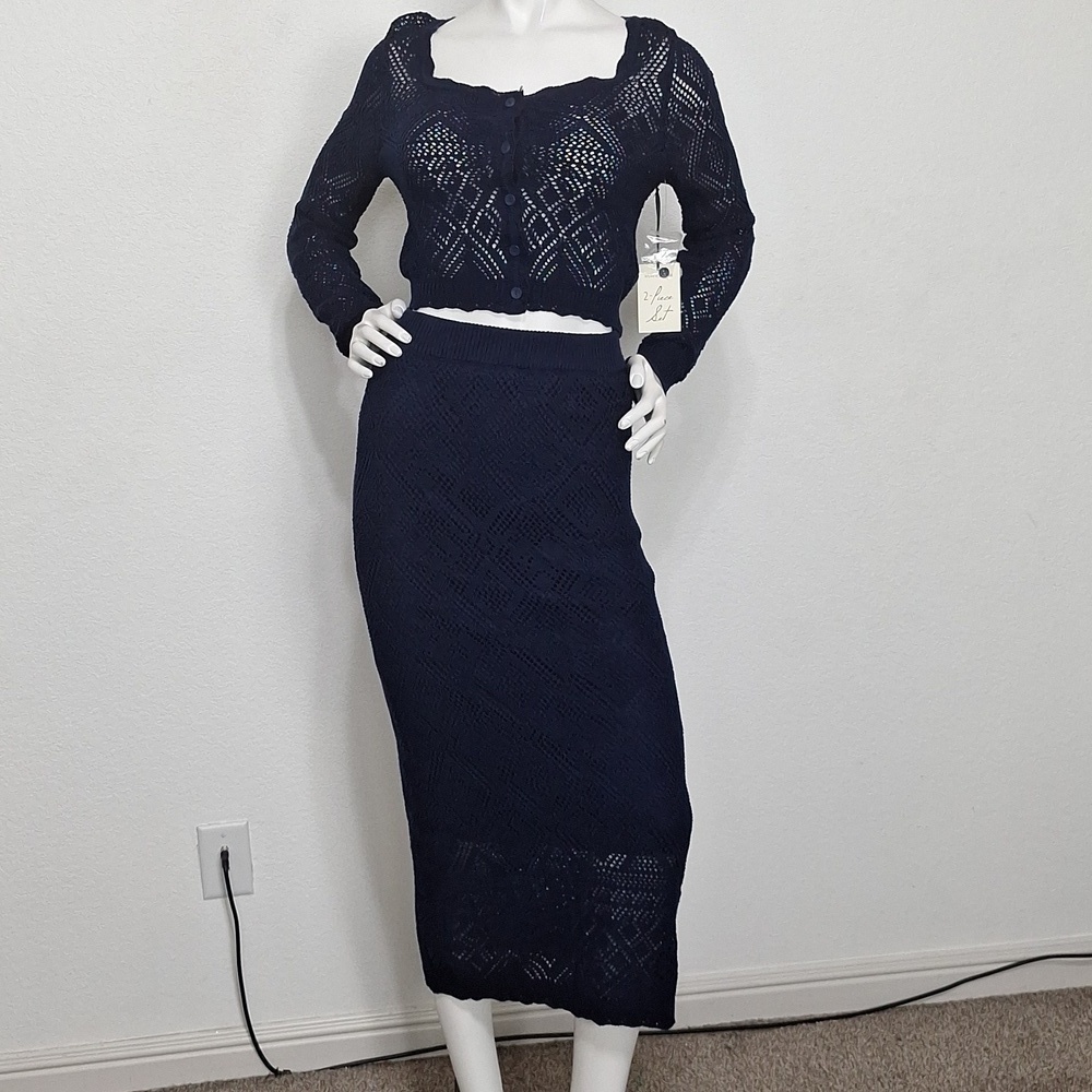 Freshman 1996 Boho NEW Navy Blue Bohemian Crochet Y2K Inspired Skirt & Top Sz. M